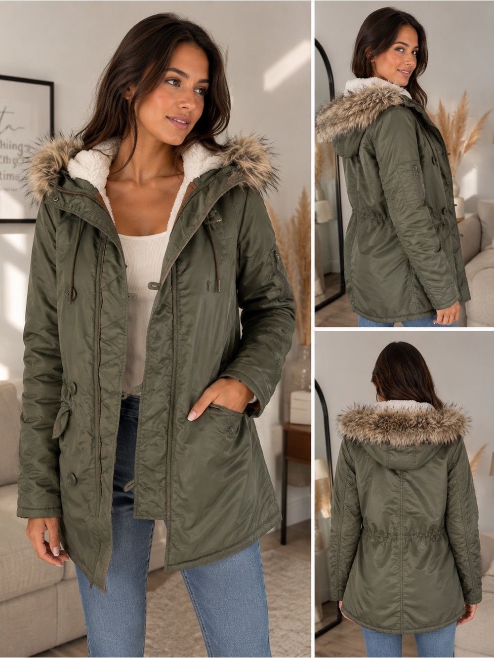 American Eagle Outfitters Olive Puffer Coat with Faux Fur Hood